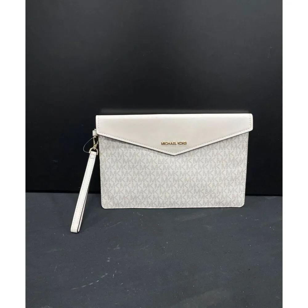 Michael Kors Jet Set Travel Envelope Wristlet Clutch Bag White Monogram